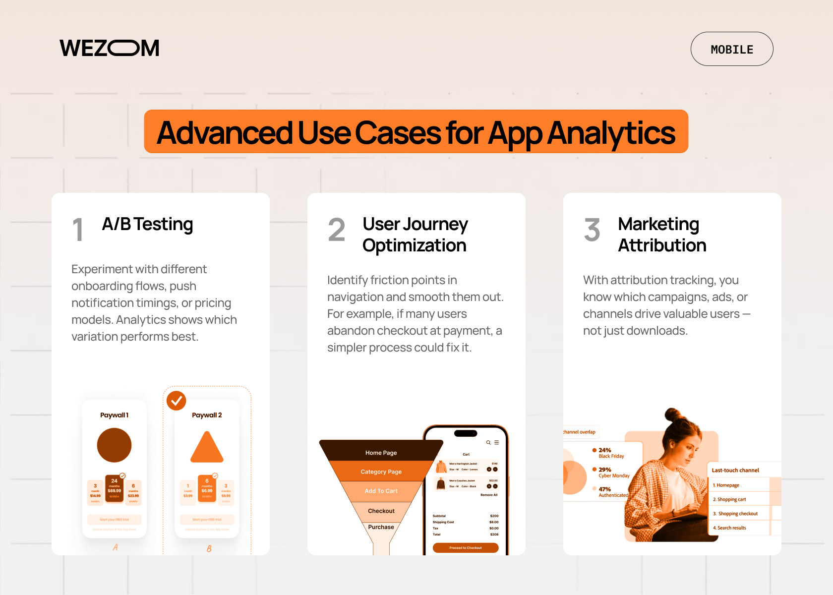 Advanced use cases for mobile app analytics including A/B testing, user journey optimization, and marketing attribution